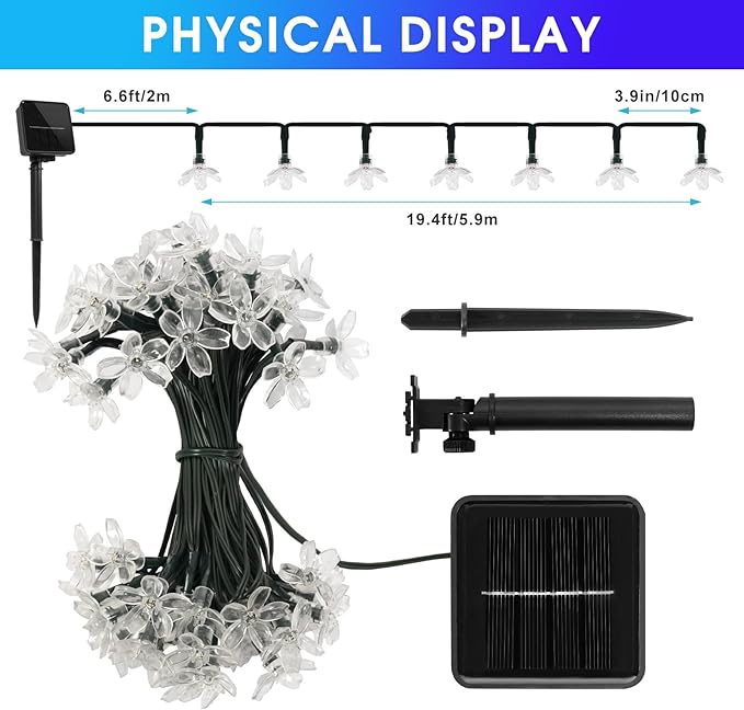 2 Pack Total 52FT 120 LED Solar String Lights Outdoor Waterproof Flower Fairy Lights for Garden Fence Patio Yard Christmas Tree Lawn Wedding Party Decor, Blue and Pure White