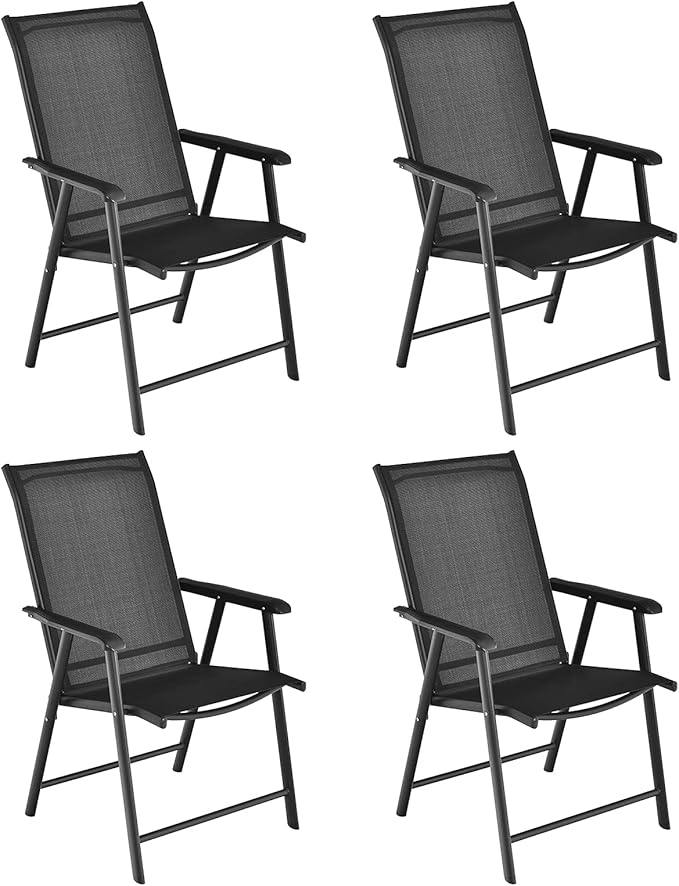 Giantex Set of 4 Patio Folding Chairs, Outdoor Chairs with Armrest, Portable Dining Chairs for Porch Camping Pool Beach Deck Lawn Garden, 4-Pack Patio Chairs, Metal Frame, Black