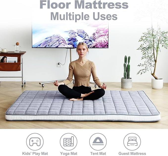 Tiita Japanese Floor Mattress Futon Mattress 4” Thick Folding Roll Up Sleeping Pad with Bag & Strap, Bed Topper Mat for Guest, Lounger and Tavel, Gray,Full Size