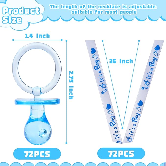 72 Cute Pacifier Necklaces for Boys & Girls - Acrylic Pacifier Necklace Set for Baby Shower Favors, Gender Reveal Party, Table Scatter or Necklace Game (Blue)