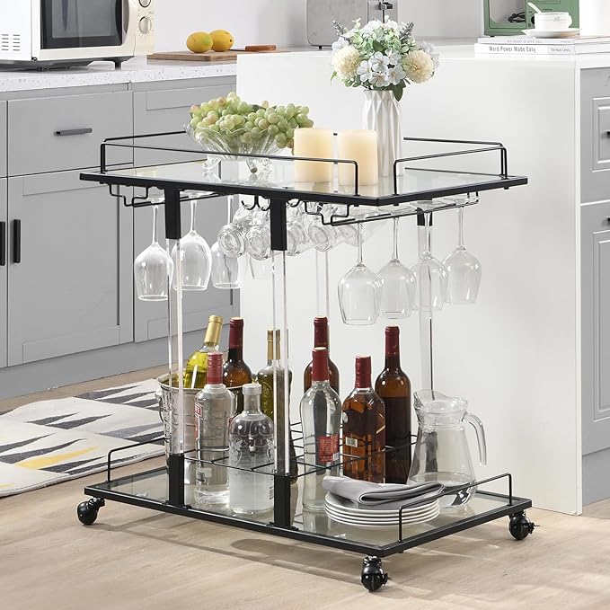 Bar Cart for Home Bar Chrome Serving Cart with Wine Rack 2-Tier Acrylic Rolling Bar Carts on Wheels Clear Dessert Cart Lucite Bar Stand Glass Liquor Cart for Living Room Kitchen Club Black