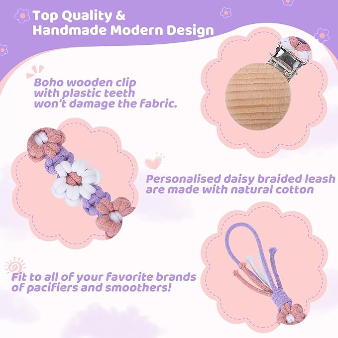 Pacifier Clip for Boys Girls Floral Daisy Macrame Baby Paci Clip Pacifier Holder Leash Boho Wooden Clips Handmade Braided Cotton Binky Clips (2pack:Pink Daisy & Lavender Style A)