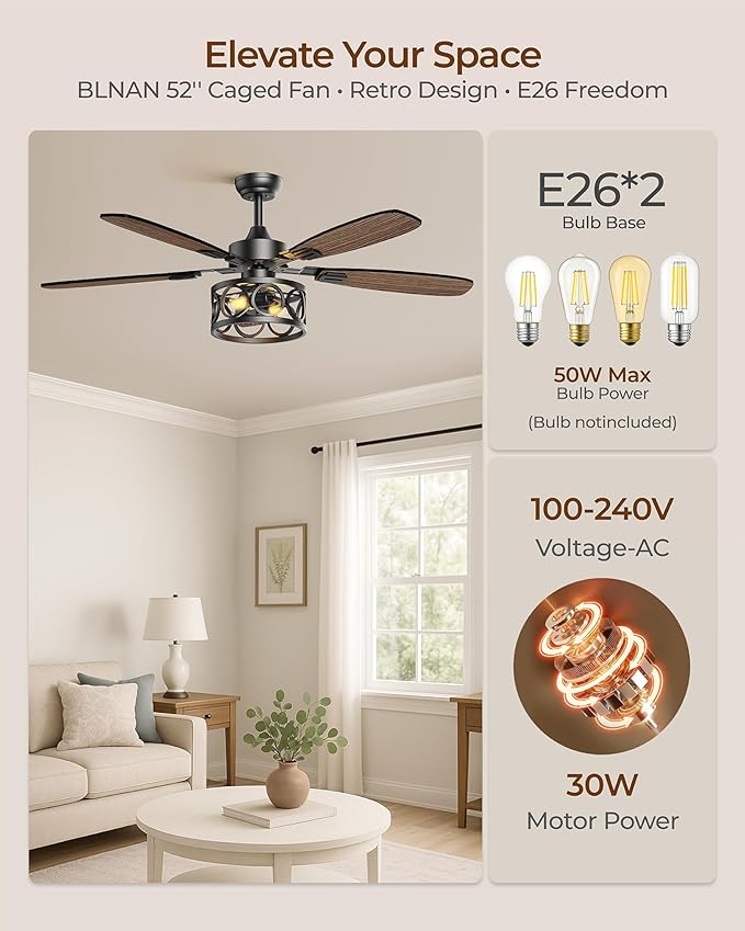 Ceiling Fans with Lights and Remote, 42'' Vintage Caged Ceiling Fan with Light, 5 Blades, 6+1 Speed, Flush Mount Ceiling Fan Whisper-quiet for Farmhouse, Living Room, Kitchen and Porch (42 Inch)