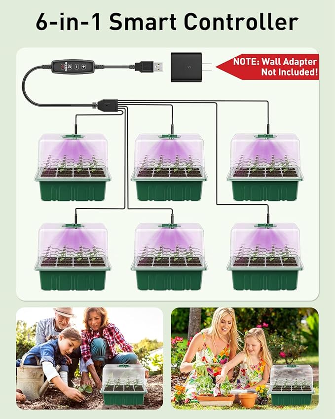 Pawfly 6 Pack Seed Starter Kit, 72 Cells, Seed Starter Trays with Adjustable Grow Lights & 3.9" Humidity Domes, Indoor Seedling Starter Trays, Reusable Plant Germination Trays, Seed Starting Trays