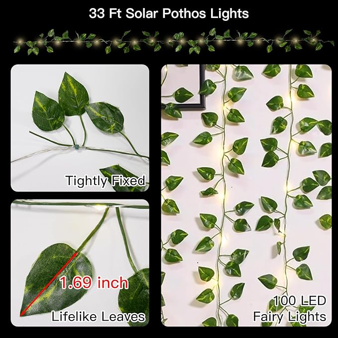 suddus Solar Fairy Lights, 33ft 100 Led Pothos Leaf Solar String Lights Outdoor Waterproof, 8 Modes Vines with Lights for Balcony, Deck, Patio, Garden, Fence,Wedding (Warm White)