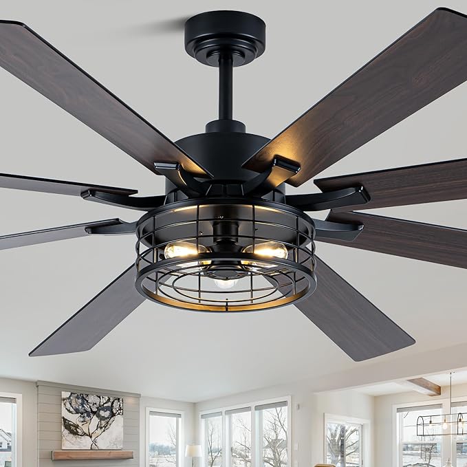 72 Inch Farmhouse Ceiling Fan with Lights and Remote Large Rustic Ceiling Fan Industrial Black Caged Fandelier Chandelier Light, Reversible Quiet DC Motor 6 Speeds for Indoor Outdoor