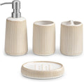 vancasso Ceramic Bathroom Accessories Set 4 Piece, Soap Dispenser with Stainless Steel Pump, Toothbrush Holder, Tumbler and Soap Dish, Modern Relief Design, Bathroom Decor Organizer, Beige-White