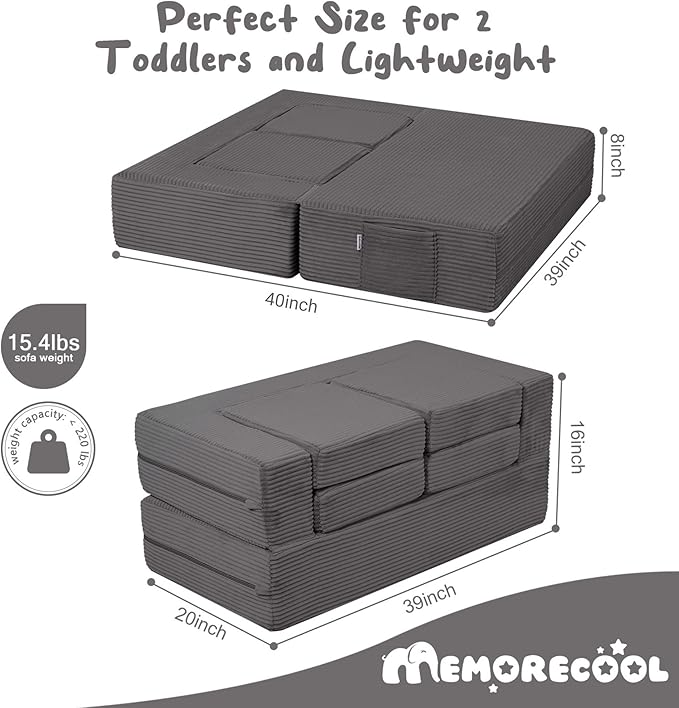 MeMoreCool Modular Kids Couch, Corduroy Play Toddler Couch for Bedroom Playroom Furniture, Convertible Foam Kids Sofa Bed, Fold Out Baby Sofa for Girl Boy, Dark Grey
