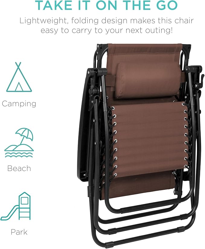 Best Choice Products Folding Zero Gravity Outdoor Recliner Patio Lounge Chair w/Adjustable Canopy Shade, Headrest, Side Accessory Tray, Textilene Mesh - Brown