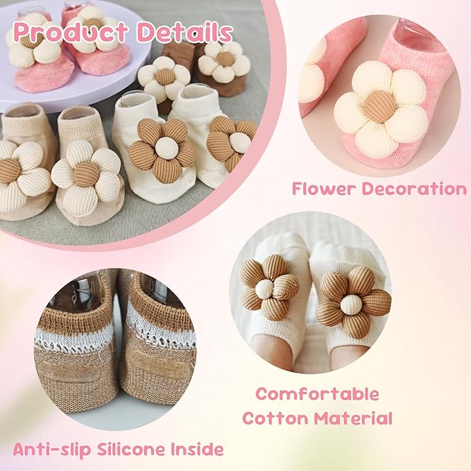 Nirvany Baby Girl Headbands and Socks Set, Non-Slip Socks with Flower Hairbands, Comfortable Newborn Infant Toddler Accessories (Pink/Cream Yellow, 6-12 months)