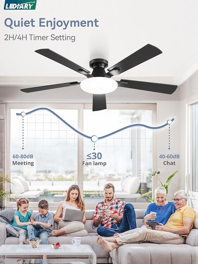 52 Inch Ceiling Fan with Lights and Remote, 30W 12" LED Panel Flush Mount Ceiling Fan, 6-Speed Quiet DC Motor Modern Low Profile Ceiling Fan with Reversible Blades for Bedroom, Living Room, Patio