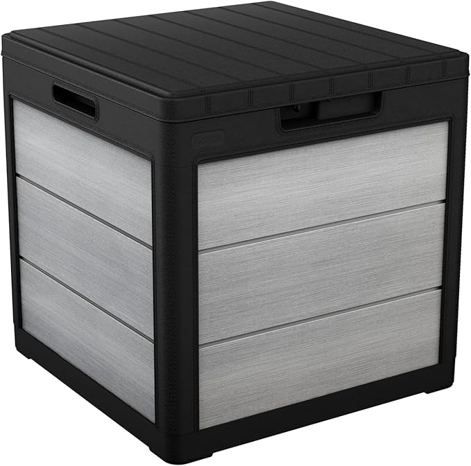 Keter Denali 30 Gallon Resin Outdoor Storage Box and Patio Furniture Side Table for Pool and Garden Accessories, Grey & Black