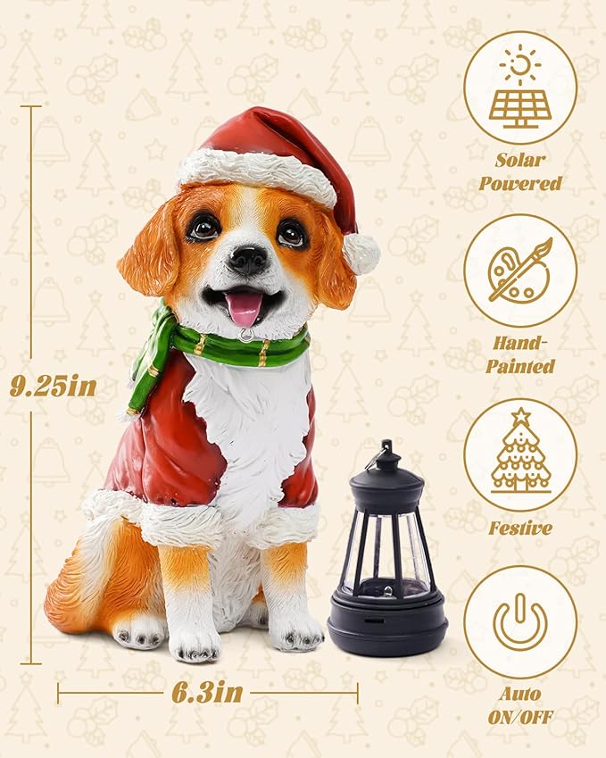 Christmas Dog Garden Statue with Solar Lantern – Santa Dog Figurine in Red Coat & Hat, Outdoor Christmas Yard & Porch Decorations, Balcony & Lawn Decor, for Dog Lovers