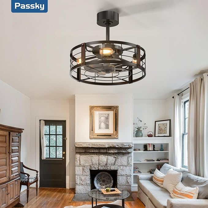 Passky 20 Inch Farmhouse Caged Ceiling Fans with Lights and Remote, Black Downrod Mount Bladeless Fandelier, 6 Speeds Bladeless Ceiling Fan Light for Bedroom, Kitchen, Living Room, Indoor