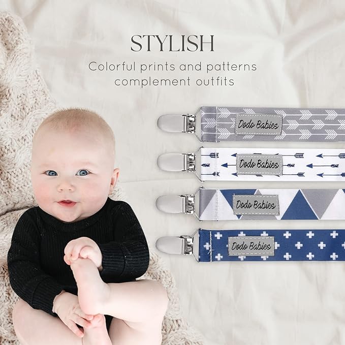 Dodo Babies Pacifier Clip & Teether Toy Set - Universal Pacifier Holder Loop - Silicone Teethers for Baby Teething Toys - 6 Piece Set, Blue & Gray