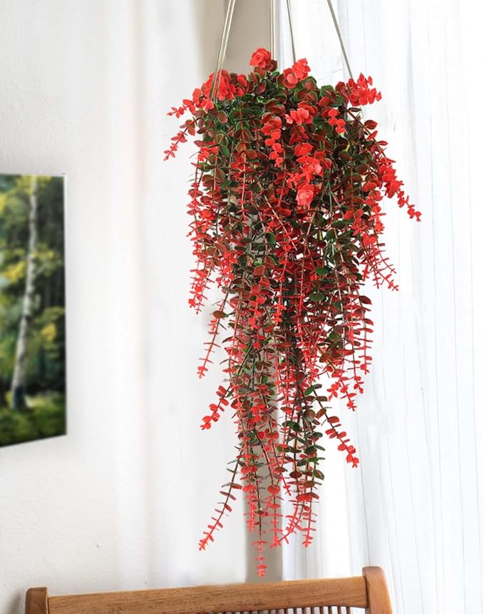 RECUTMS Artificial Monkey Hanging Plant Fake Artificial Eucalyptus Leaf Plants Faux UV Resistant Artificial Plants for Indoor Wall Room Decoration Home Backgarden Yard Porch Outdoor Decor(Orange)