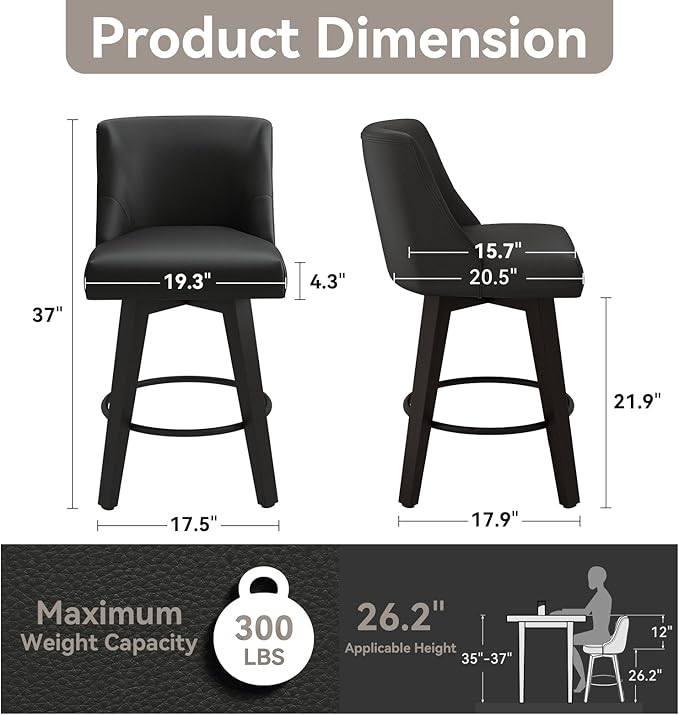 26.8 Inch Counter Height Bar Stools with Back, Swivel Bar Stools Set of 2, Modern Kitchen Barstools with Footrest, Faux Leather Upholstered Bar Chairs, Solid Wood Legs for Island, Pub, Black