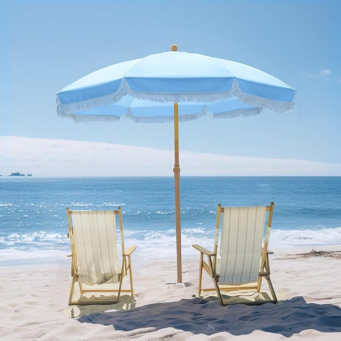 PHI VILLA 7ft Beach Umbrella with Fringe & Sand Anchor, Outdoor Patio Heavy Duty Windproof Portable Tassel Umbrellas for Sand with Push Button Tilt & Carrying Bag, UPF 50+, Light Blue (No Base)
