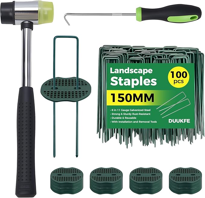 100pcs Green Landscape Stakes Staples 6 Inch +100pcs Gaskets+Hook Tool+Rubber Mallet, Heavy Duty Coated Landscape Staples, Galvanized Lawn Spikes Yard Ground Pin for Sod Artificial Grass Weed Barrier