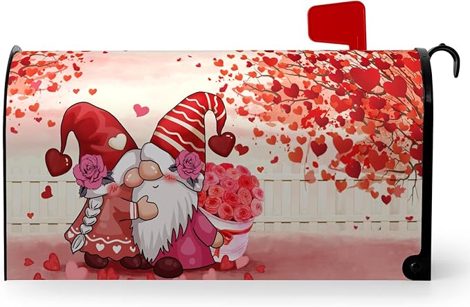 Valentines Gnomes Kiss Mailbox Cover Standard Size 21 X 18 Love Hearts Rose Magnetic Mailbox Covers Red Letter Box Cover Wraps for Garden Yard