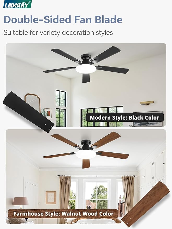 52 Inch Ceiling Fan with Lights and Remote, 30W 12" LED Panel Flush Mount Ceiling Fan, 6-Speed Quiet DC Motor Modern Low Profile Ceiling Fan with Reversible Blades for Bedroom, Living Room, Patio