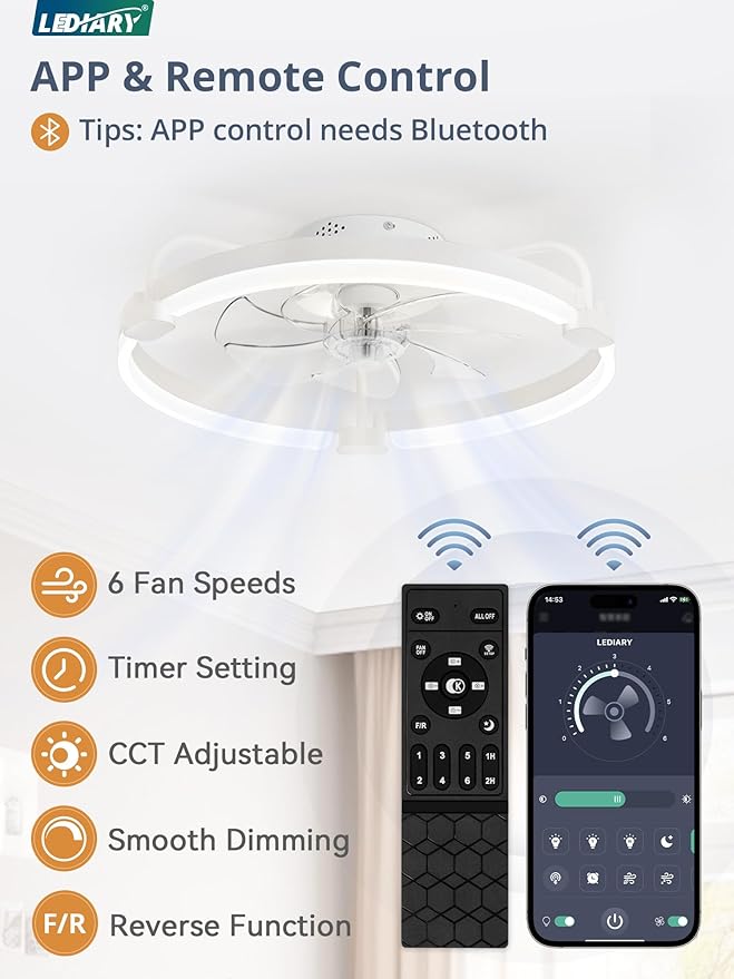 LEDIARY 2 Pack Ceiling Fans with Lights and Remote, 20'' Low Profile Ceiling Fan with Light, 3000-6000K Dimmable Fandelier LED Fan Light, 6 Wind Speeds, White Flush Mount Ceiling Fan for Bedroom