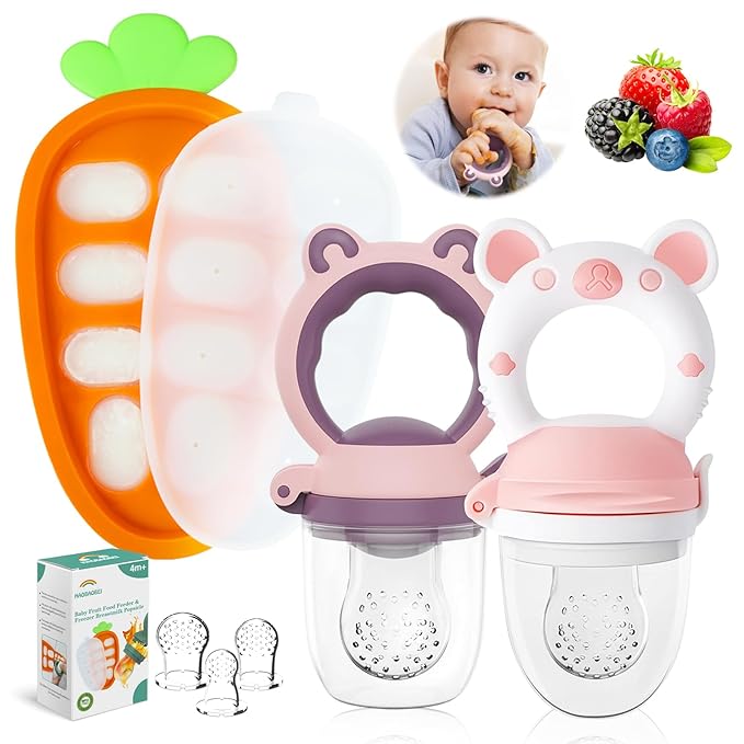 Baby Fruit Food Feeder Pacifier - Fresh Food Feeder, Infant Fruit Teething Teether Toy for 3-24 Months, 3 Pcs Silicone Pouches for Toddlers & Kids & Babies, 2-Pack (Purple Pink)