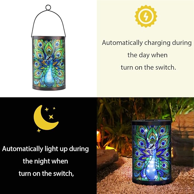 Afirst Solar Lantern Outdoor, Hanging Glass Peacock Solar Lights Waterproof Led Lamp for Garden Yard Tree Desk Decor