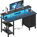 Lufeiya Black Gaming Desk with LED Lights and Power Outlets, 47 inch Computer Desk with Fabric Drawers and Storage Shelves, Home Office Desk with Monitor Stand, Black