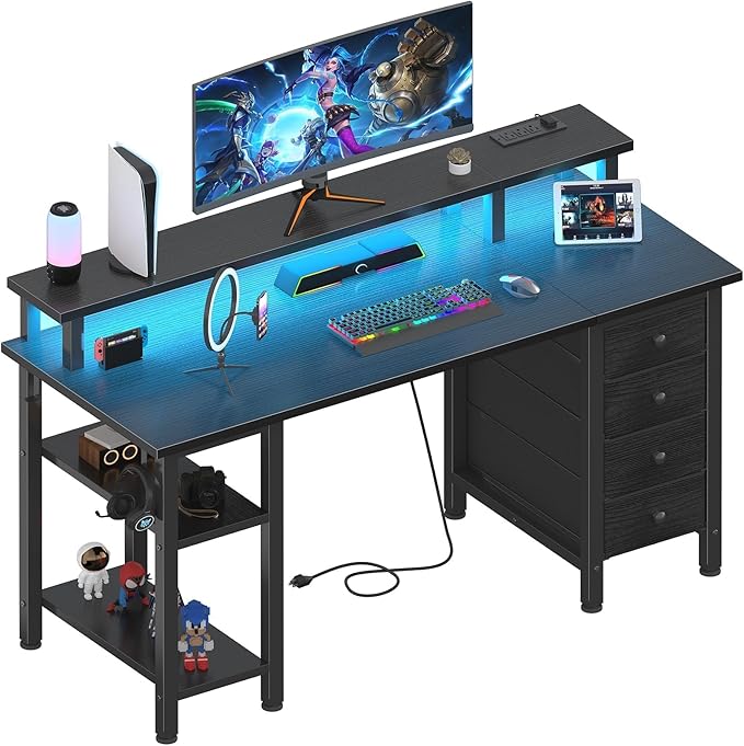 Lufeiya Black Gaming Desk with LED Lights and Power Outlets, 47 inch Computer Desk with Fabric Drawers and Storage Shelves, Home Office Desk with Monitor Stand, Black