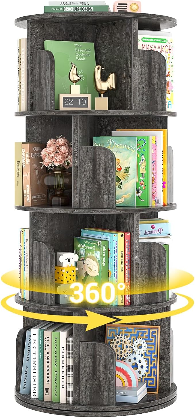 Rotating Bookshelf, Wood Corner Bookshelf, 360 Display Spinning Bookcase Storage Rack, 4 Tier Floor Standing Revolving Bookcase Narrow Book Shelf Organizer for Small Space, Bedroom, Grey Oak