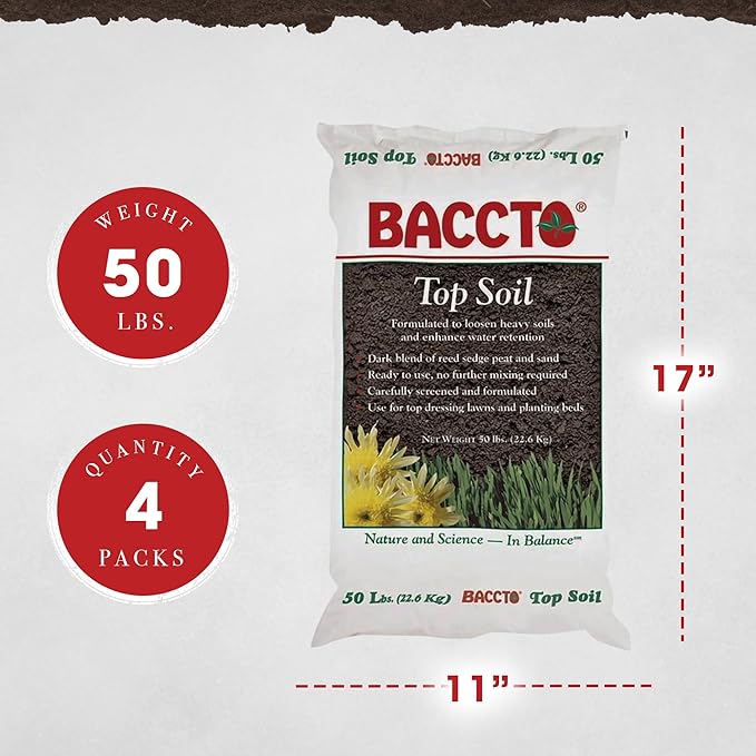 Michigan Peat 50 Pound Baccto Top Soil for Lawns, Gardens, and Raised Planting Beds with Reed Sedge, Peat, and Sand, (4 Pack)