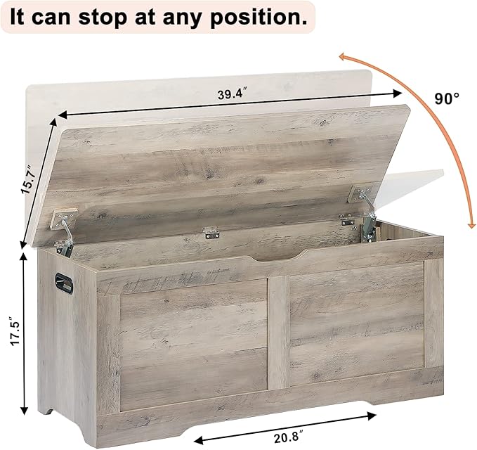 39.4" Storage Chest, Wooden Storage Bench, Lift Top Toy Chest with 2 Safety Hinges, Large Toy Box, Entryway Bench for Living Room, Bedroom, Grey