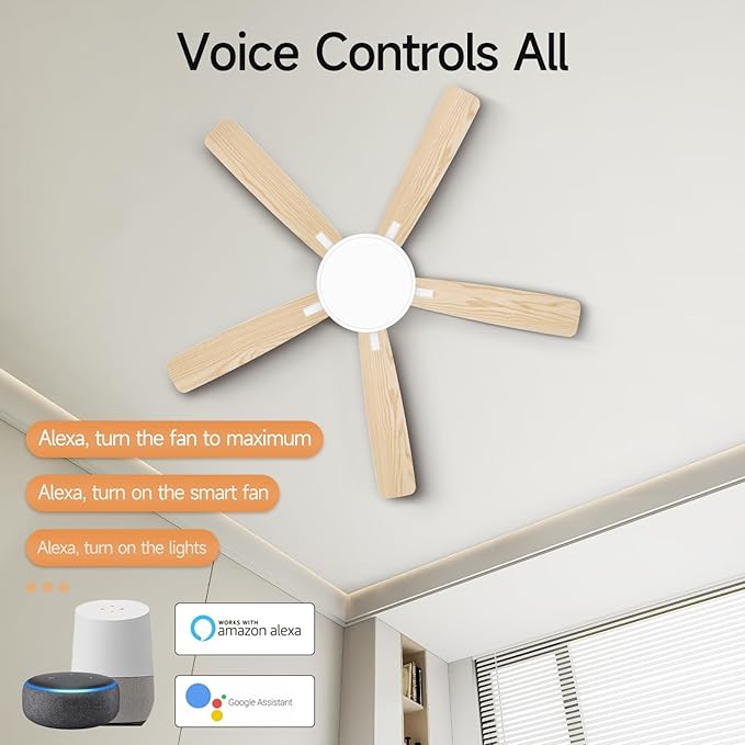 Ceiling Fans With Lights,52 Inch Smart Ceiling Fan, Remote/App Control, Compatible with Alexa/Google Assistant,Reversible,Dimmable,Adjustable Color Temperature,6 Speeds,Timer(White)