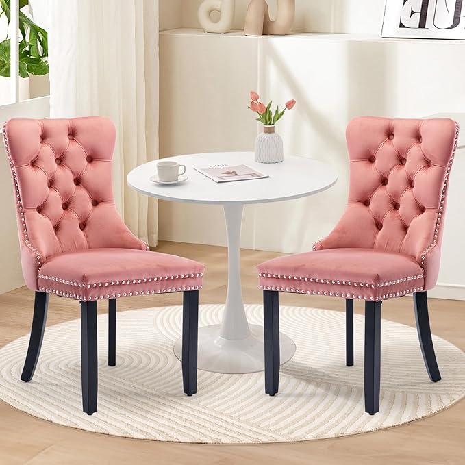 SoarFlash Kitchen Table and Chairs for 2, 31.5" Dining Table Set for 2 with Velvet Upholstered Chairs, 3 Piece Round Kitchen Table Set, Dining Room Table Set for Small Space, Apartment, Pink/White
