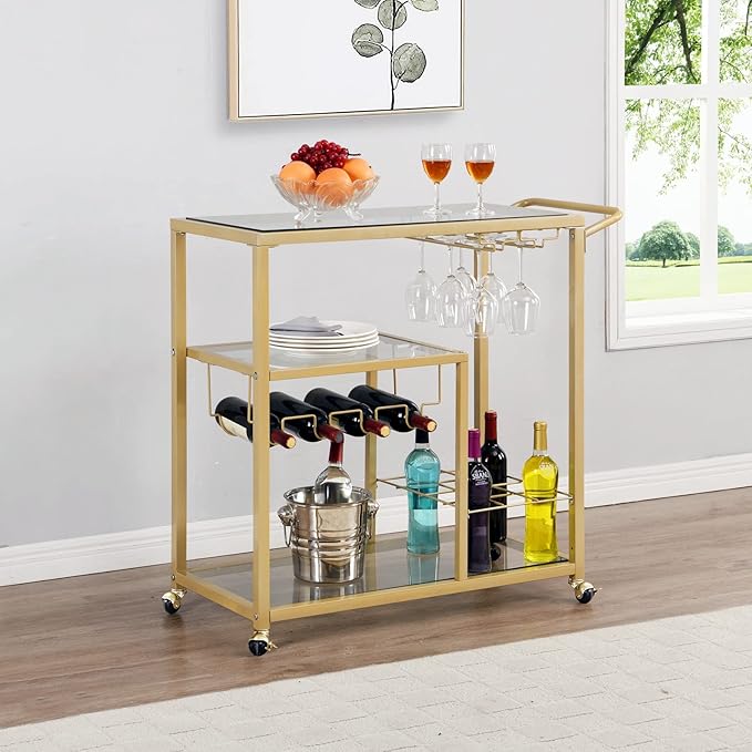 Rolling Bar Carts Gold with Wheels,Home Bar Serving Cart with Glass Wine Holders 3 Tier for Kitchen Home, Party,Dining Room