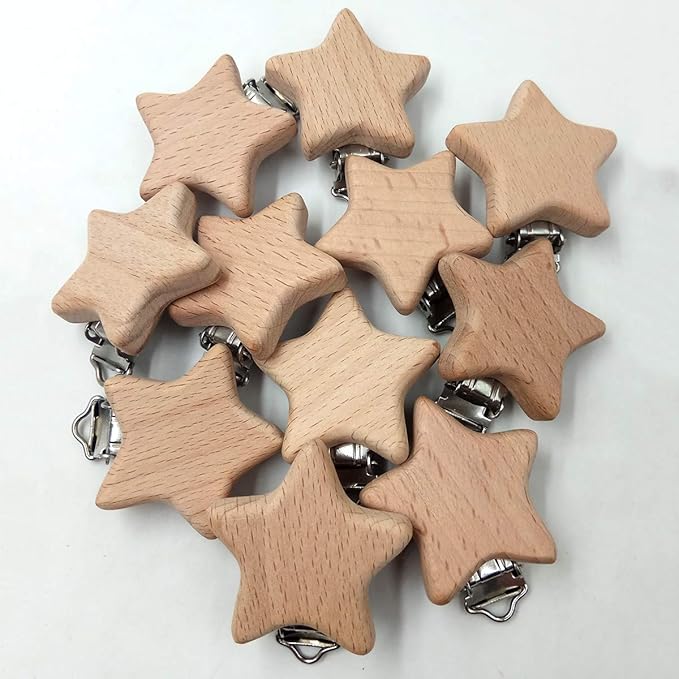 5pcs Natural Wood Suspender Pacifier Clips Cute Beech Wooden Animal Star Shape Clips Charm DIY Beading Pacifier Chain Accessory