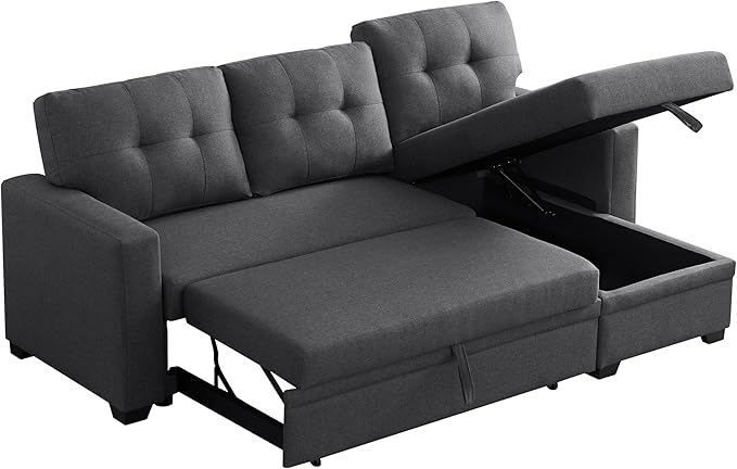 82 Inch Convertible Sleeper Sectional Sofa with Storage Chaise and Pull-Out Bed, Linen Upholstered Reversible Corner Couch, Modular L Shaped Couches for Living Room, Home Furniture, Dark Gray