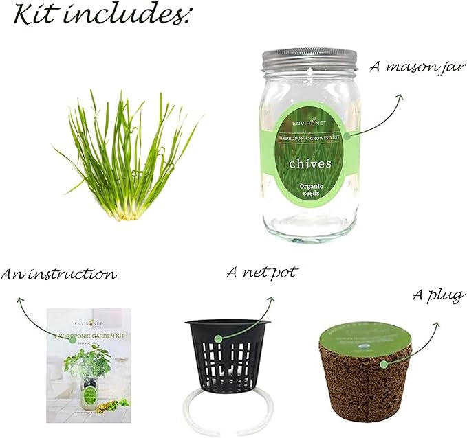 Hydroponic Herb Growing Kit, Self-Watering Mason Jar Herb Garden Starter Kit Indoor, Grow Your Own Herbs from Organic Seeds (Chives)