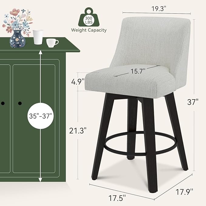 Vipbear Swivel Counter Height Bar Stools Set of 3,26.8" H Counter Stools with Back, Mid Century Modern Bar Stools for Kitchen Island,Linen Fabric,Wooden Base, White