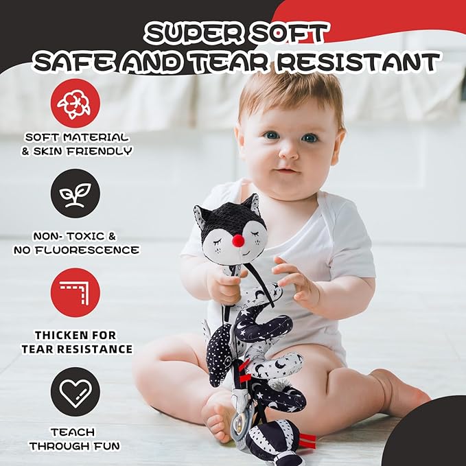 Jollybaby Crib Stroller Car Seat Toys for Baby 0-3-6-9-12 Months, Tummy Time Hanging Sensory Toys for Newborn with Music Box and Teether, Spiral Carseat Toy for Infant Boy Girl Gift (Black and White)