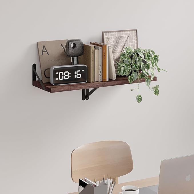 SAUMONIERES Floating Shelves Bookshelf for Bedroom Bathroom Living Room Wood Wall Mounted Wide Deep Storage, Rustic Brown Shelves Set of 2