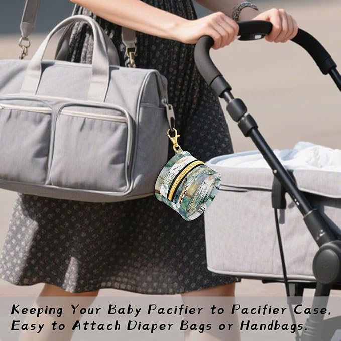 Pacifier Holder with Clip Pacifier Case for Diaper Bag Round Baby Pacifier Pouch Box Bag Portable White Moon Deer Bear Trees Stream