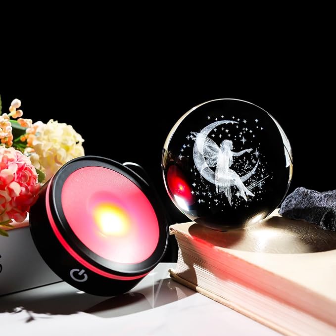 YWHL 3D Crystal Moon Figurine with Colorful LED Base, Laser Fairy Gifts for Women Girls on Christmas Birthday, Glass Globe Decorative Ball for Fairy Lovers Home Decor (80mm)