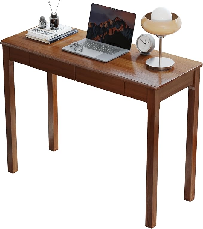 Solid Wood Desk with Drawers - 39 x 16 Inch Vintage Narrow Desks, Mid Century Modern Desks, Rubber Wood Study Table, Small Writing Desk for Bedroom|Small Spaces - Walnut Color
