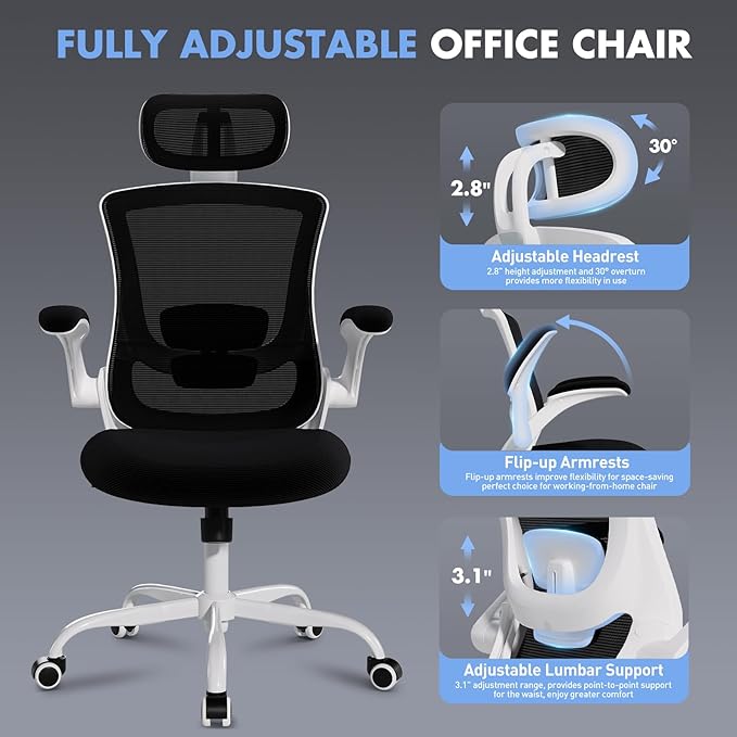 High Back Office Chair with Adjustable Lumbar Support & Headrest, Ergonomic Mesh Desk Chair with Flip-Up Armrests, Breathable & Comfortable Computer Chair for Home, Office & Study, Black