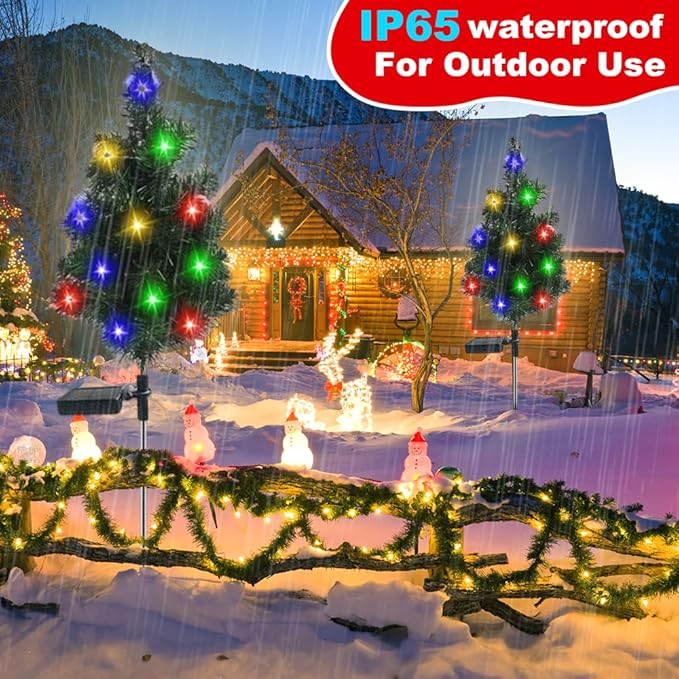 Solar Christmas Tree Lights Holiday Decorations, Outdoor Christmas Tree Waterproof Solar Xmas Garden Stake Lights, Prelit Xmas Trees for Outside Holiday Display Yard (Light, 2 Pcs)