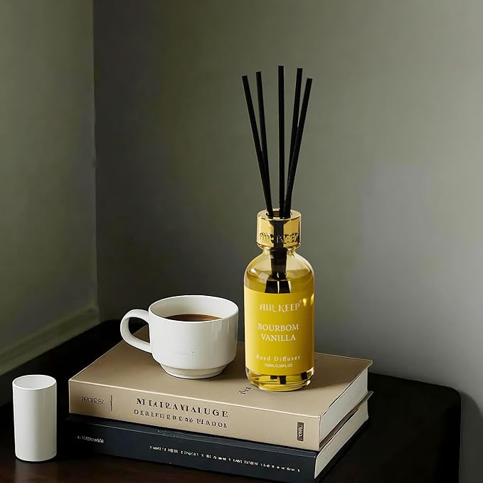 Airkeep Reed Diffuser Set, 3.38 fl oz (100 ml) - Bourbom Vanilla Oil Diffusers with 8 Reed Sticks, Home Fragrance Reed Diffuser for Bathroom Shelf Decor