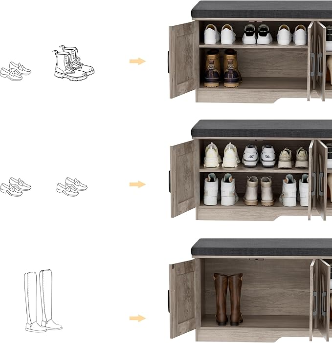 2-Tier Storage Bench, Shoe Bench with Padded Seat Cushion, Entryway Bench with 4 Barn Doors, Adjustable Shelf, 13.8" D x 47.2" W x 17.7" H, for Entryway, Living Room, Bedroom, Greige