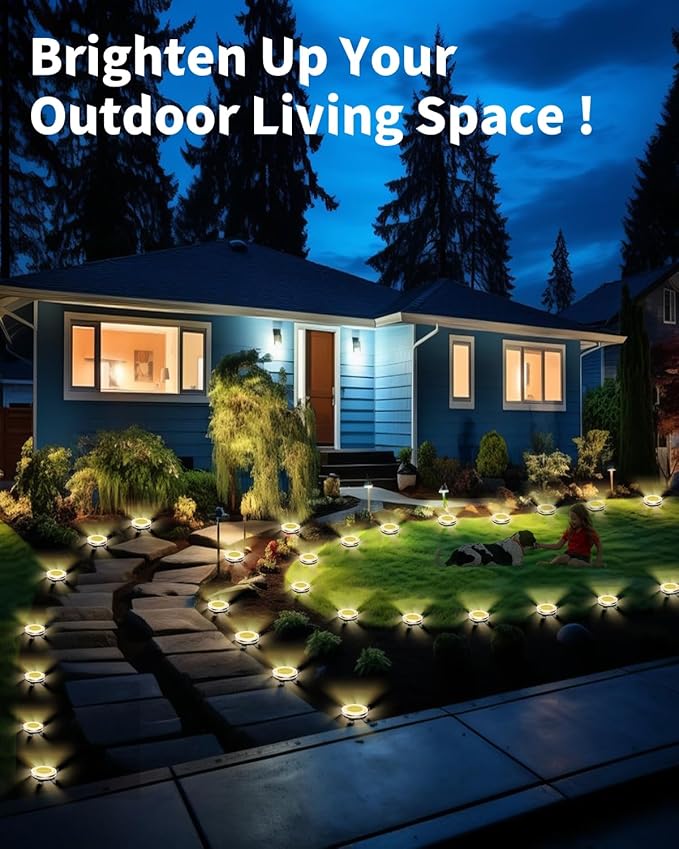 Solar Ground Lights Outdoor 2 Pack Waterproof, Upgraded Solar Garden Lights with 4 Side Light, Stainless Steel Solar Powered Disc Landscape Light for Walkway Pathway Lawn Yard Patio Deck-Warm White